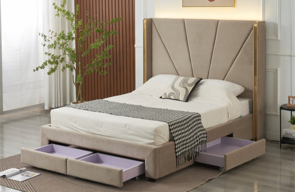 Elwood Velvet Bed with Storage Drawers - Champagne