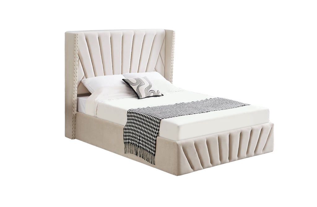 view of the Allure Velvet Bed headboard in Beige showcasing vertical tufted design.