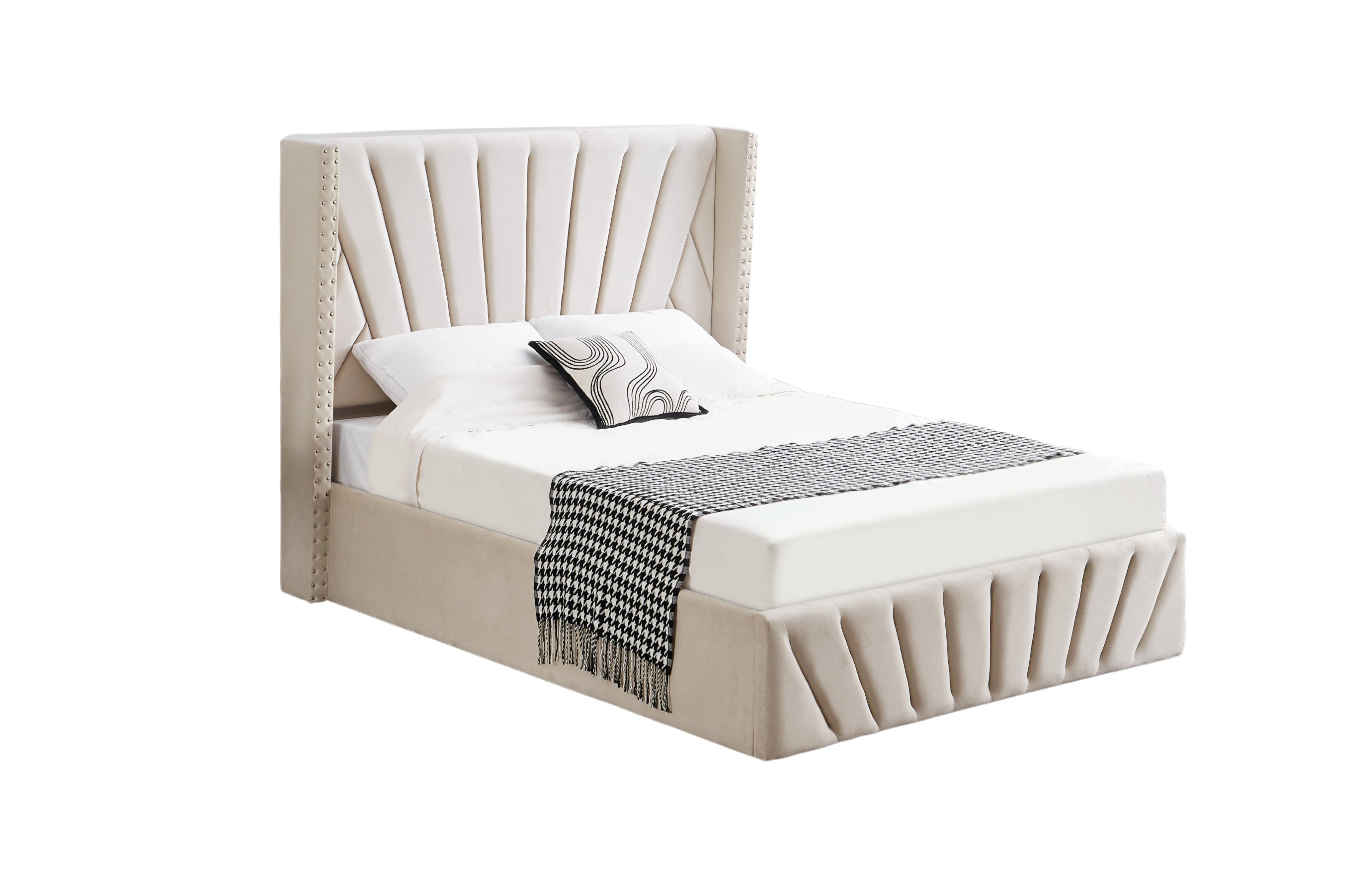 view of the Allure Velvet Bed headboard in Beige showcasing vertical tufted design.