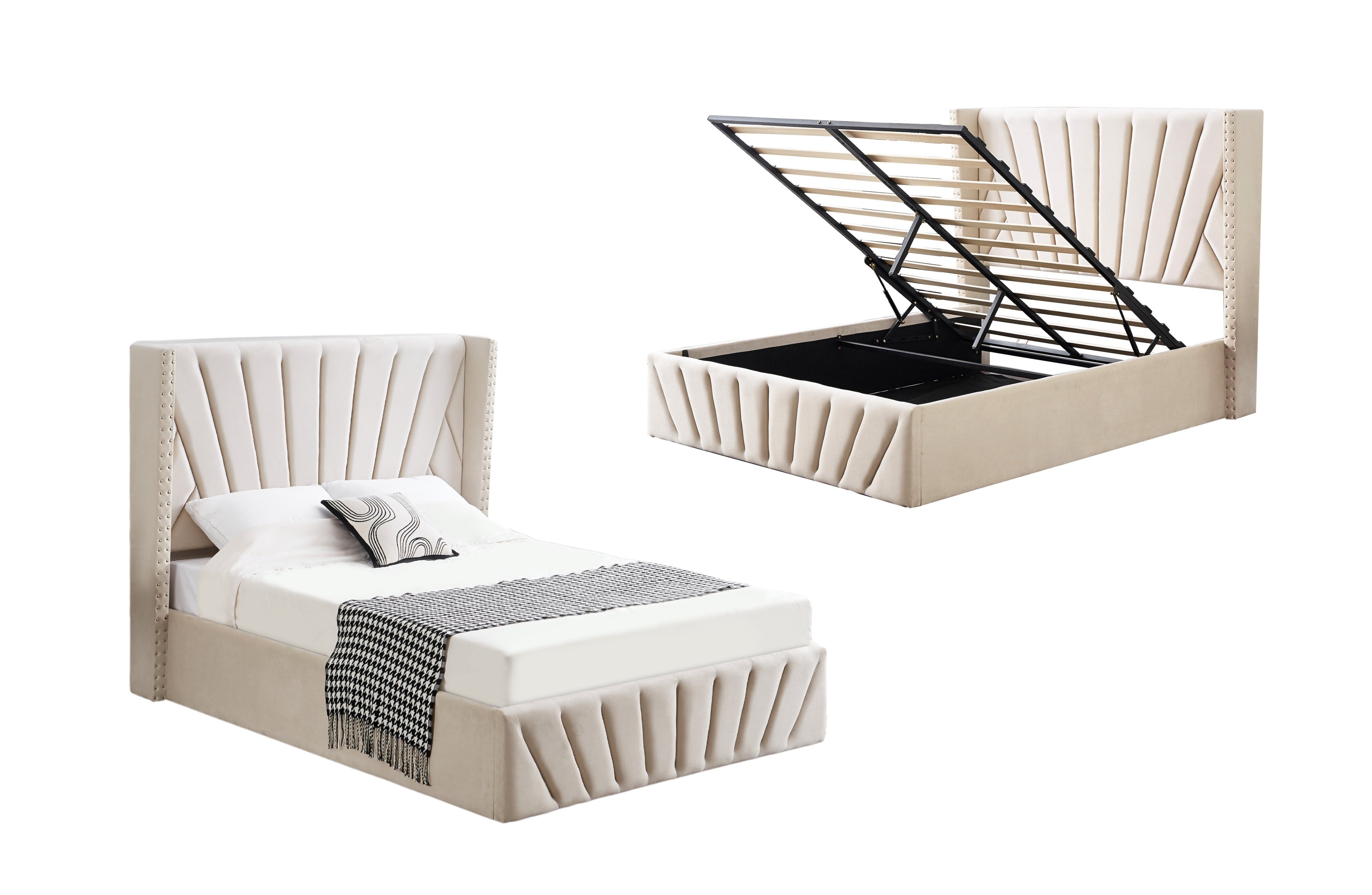 Allure Velvet Gas Lift Bed in Beige with wingback tufted headboard and plush velvet finish.