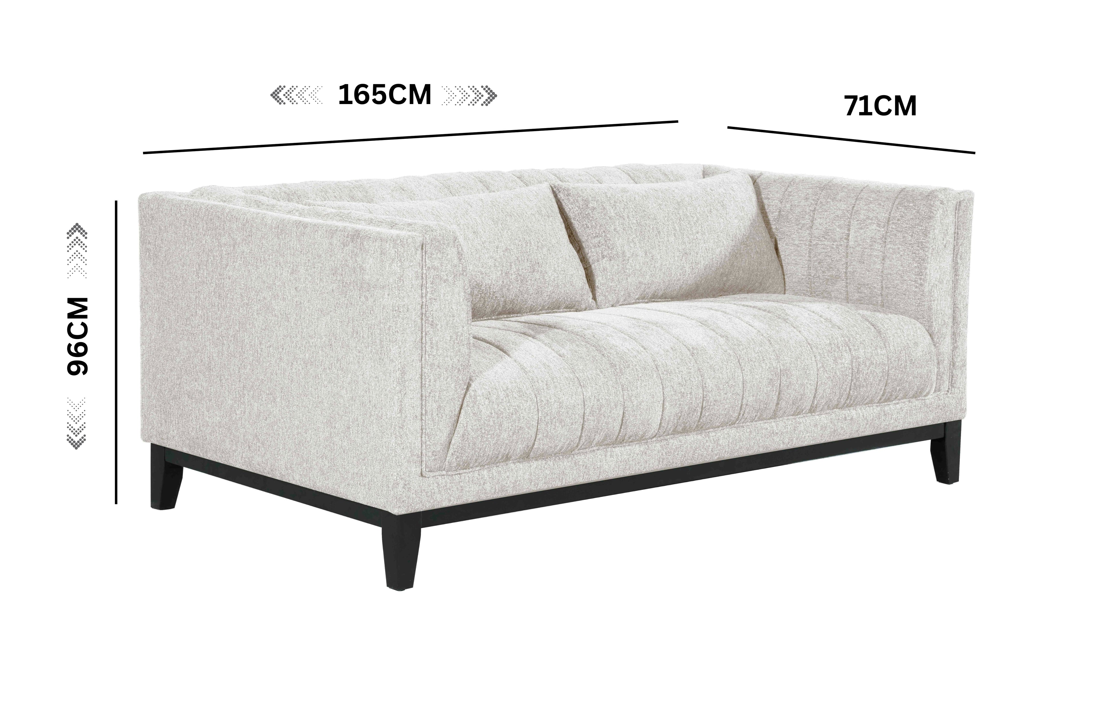 Austin Lounge Sofa in Cream – Elegant 2-seater with deep channel tufting and soft cushions, shown with full-size dimensions for a perfect fit.