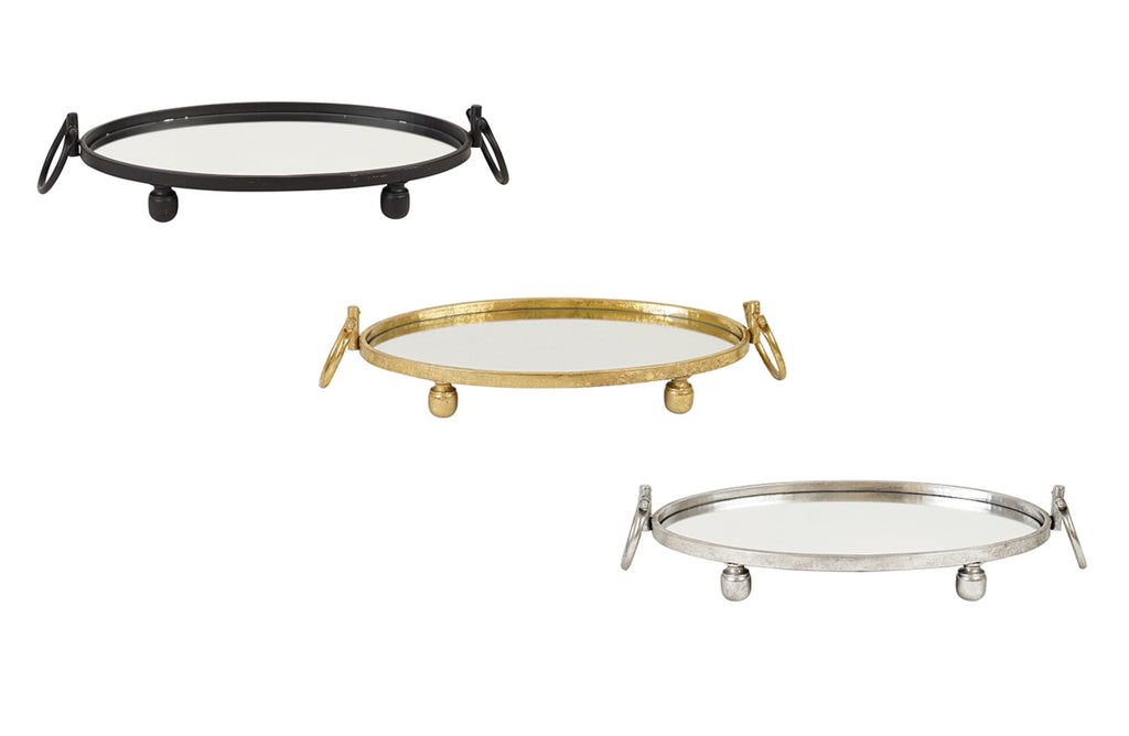 Oval-shaped Eliza Iron Mirror Trays in Black, Gold, and Silver – Featuring a mirrored base, looped handles, and rounded feet for a stylish and functional accent piece.