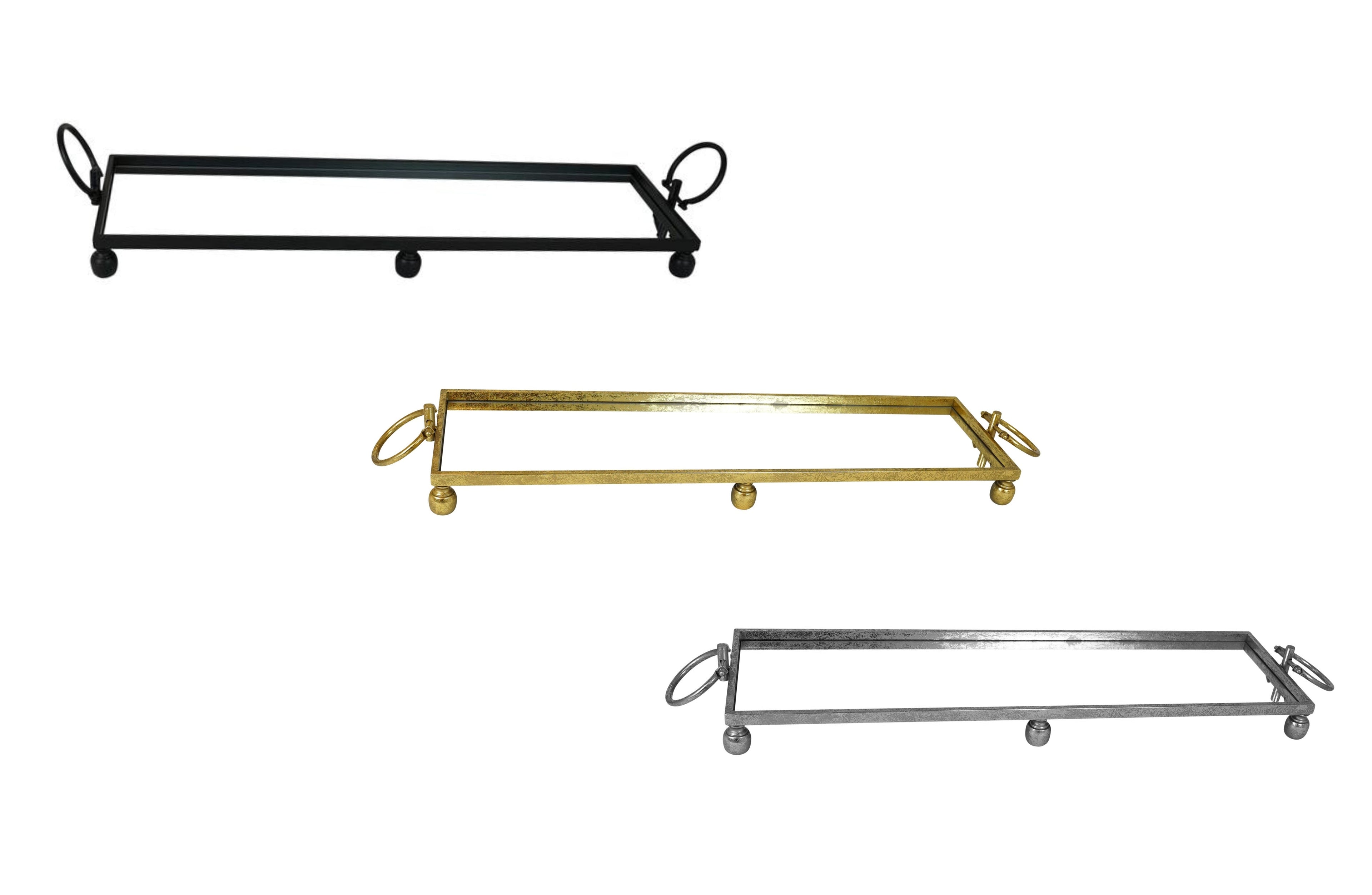 Eliza large Rectangle Iron Mirror Trays with Handles in Black, Gold, and Silver – Decorative metal trays with ring handles and elevated ball feet, ideal for serving or styling.