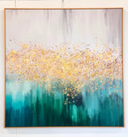 Pacific Green Framed Canvas Wall Art – calming 80x80cm artwork featuring green and grey hues with gold accents, mounted in a modern setting