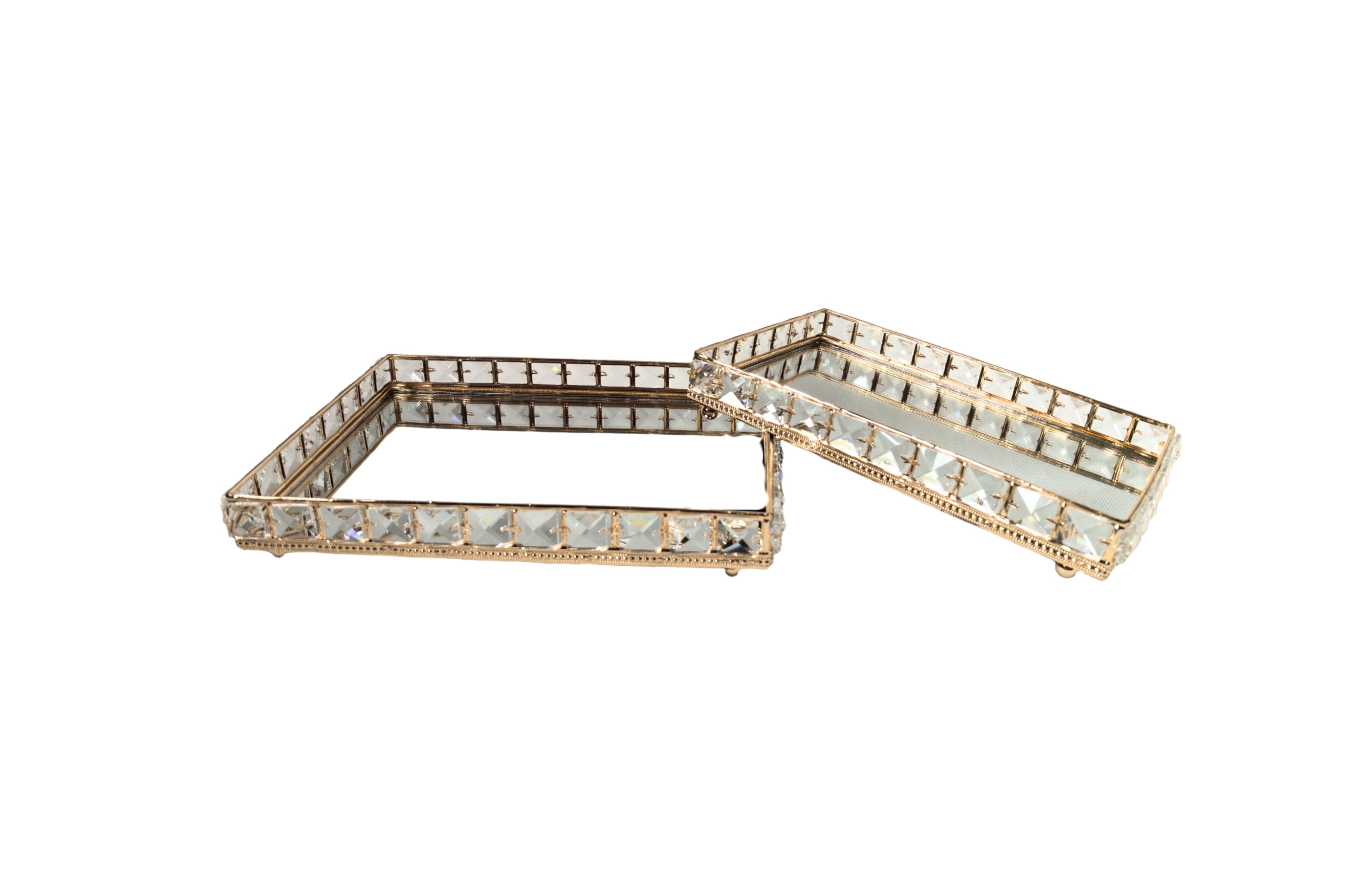 Set of 2 gold rectangle trays with crystal accents and mirrored bases, available in small and large sizes.