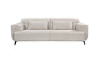 Front view of a light beige 3-seater fixed sofa featuring soft fabric upholstery, black tapered metal legs, and two elongated matching cushions.