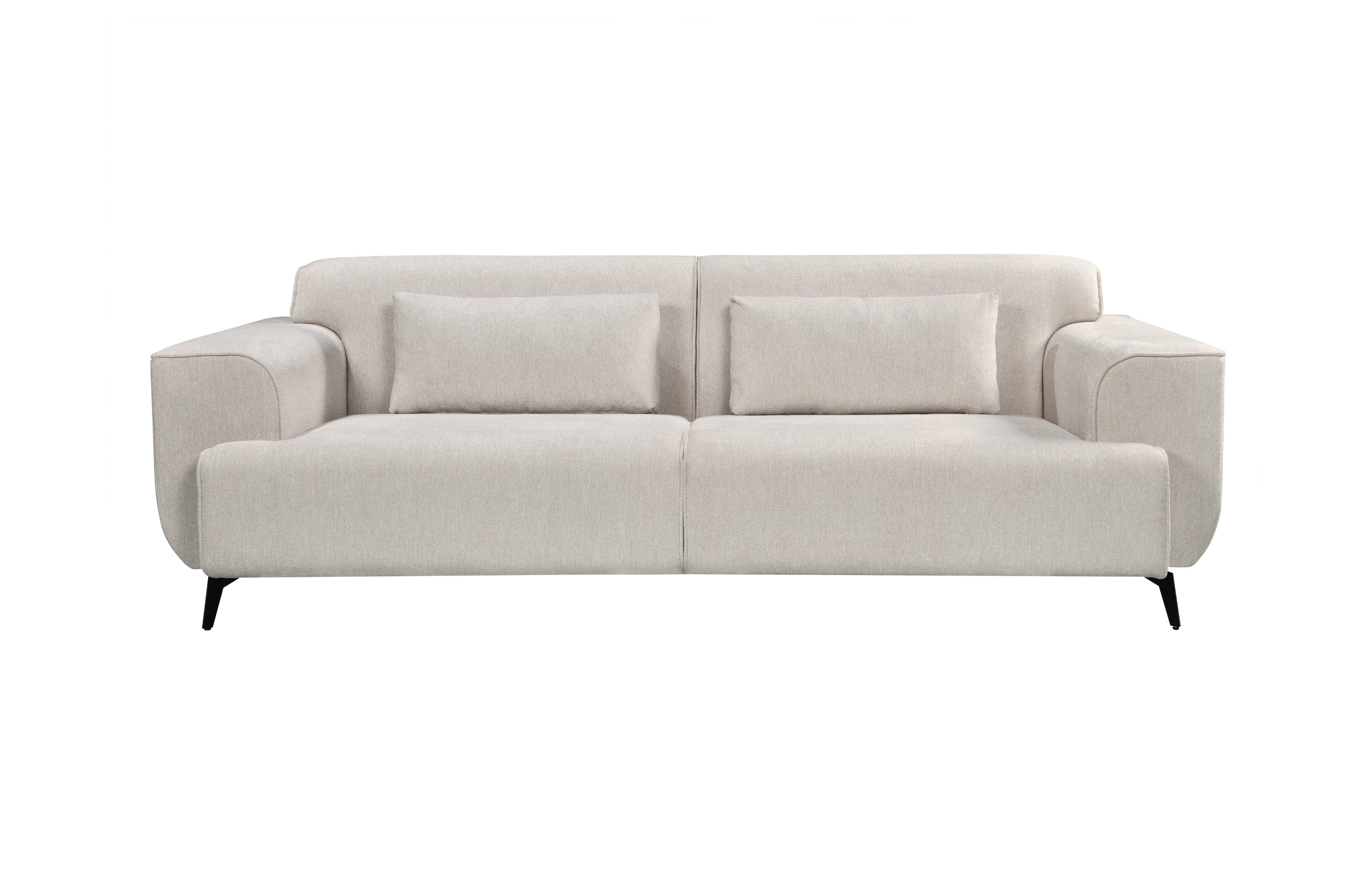 Front view of a light beige 3-seater fixed sofa featuring soft fabric upholstery, black tapered metal legs, and two elongated matching cushions.