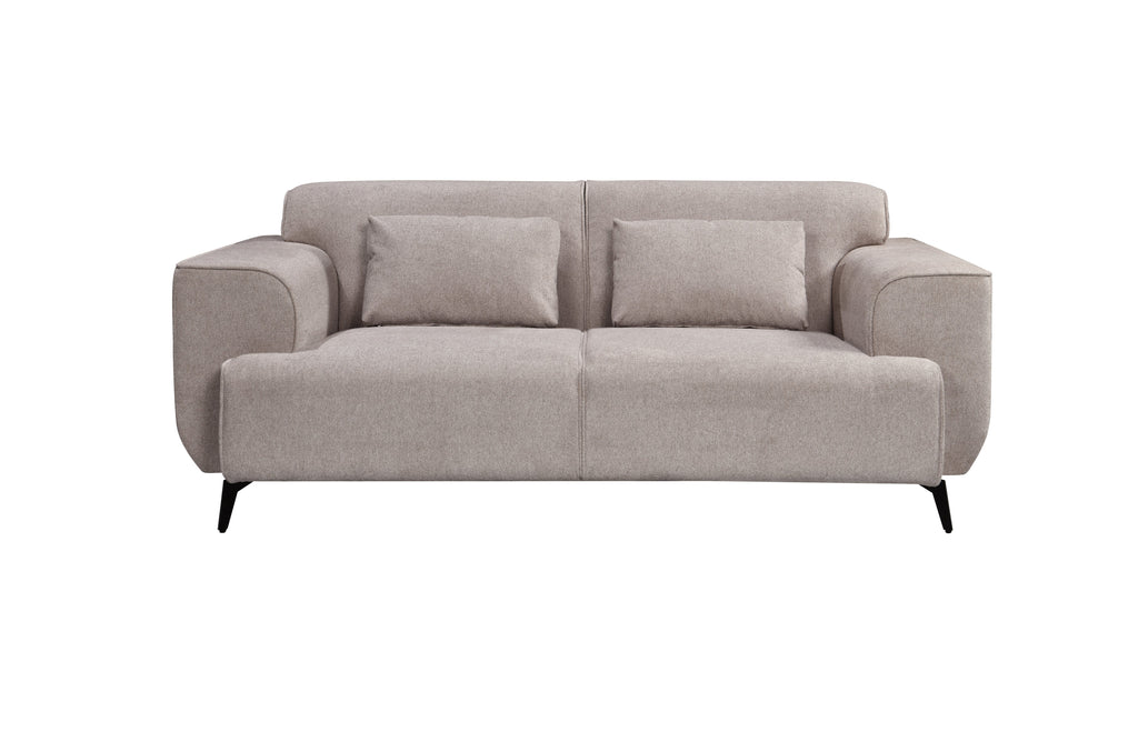 Light grey 2-seater Maddox Lounge Sofa with soft cushions and black metal legs, upholstered in textured fabric, displayed against a white background.