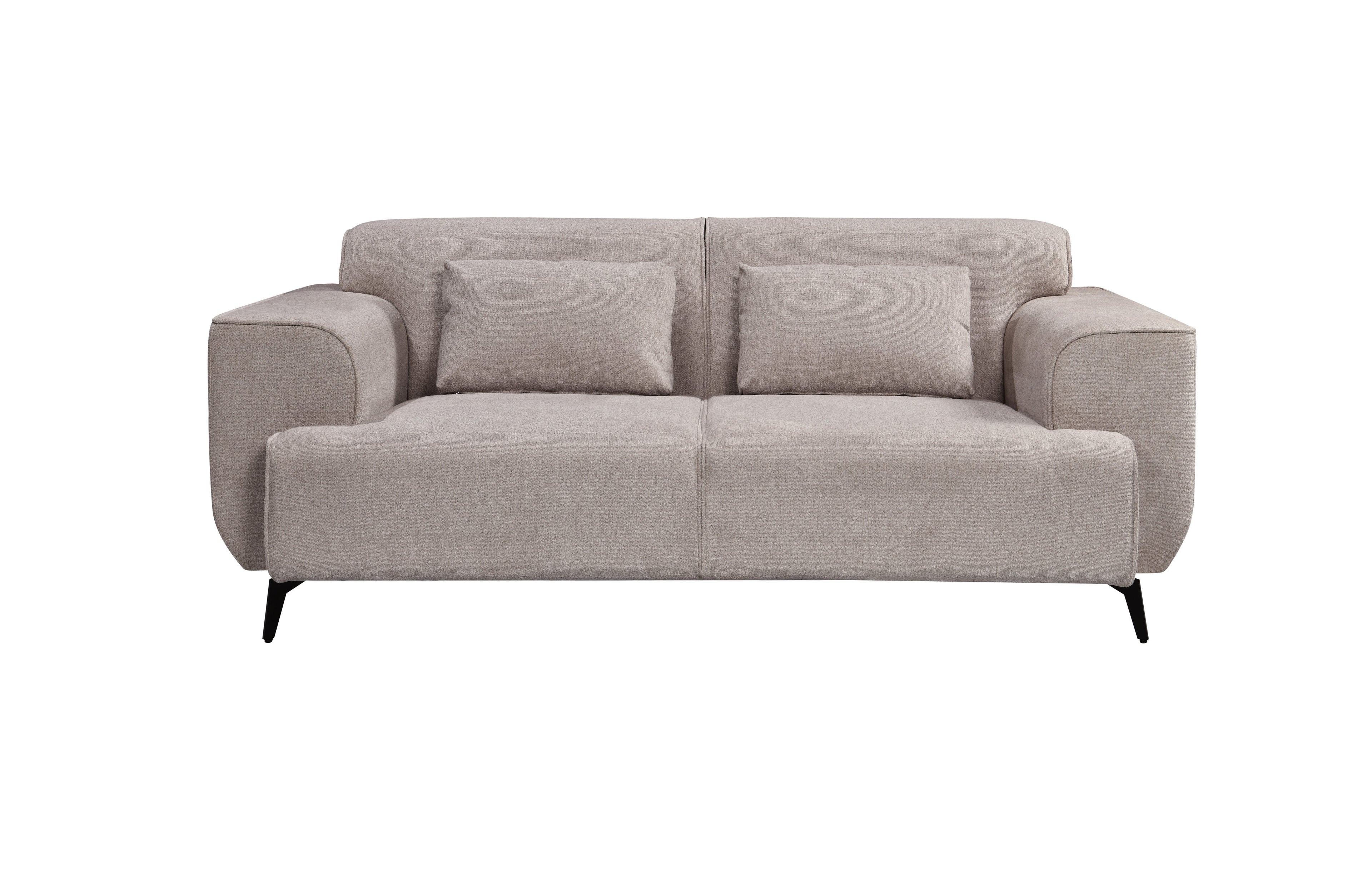 Light grey 2-seater Maddox Lounge Sofa with soft cushions and black metal legs, upholstered in textured fabric, displayed against a white background.