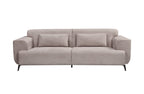 Spacious light grey 3-seater Maddox Lounge Sofa with plush back cushions and sleek black metal legs, upholstered in premium textured fabric for a modern, inviting look.