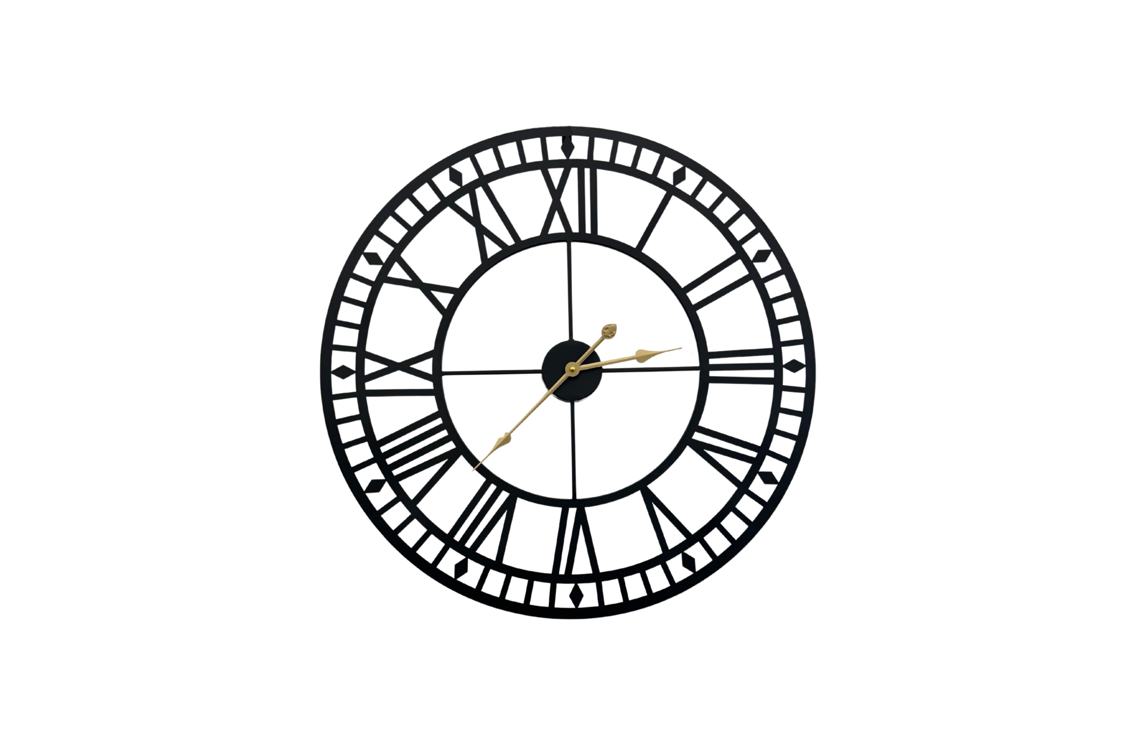 Large black plain metal wall clock with Roman numerals, sleek modern decorative timepiece.