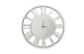 Large silver mirrored Roman numeral clock, elegant wall décor for modern stylish interiors.