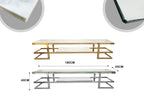 Alexa TV Unit with measurements 180cm length, 40cm width, 45cm height in gold and silver.