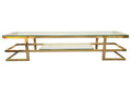 Alexa TV Unit with gold stainless steel frame and clear tempered glass top and shelf.