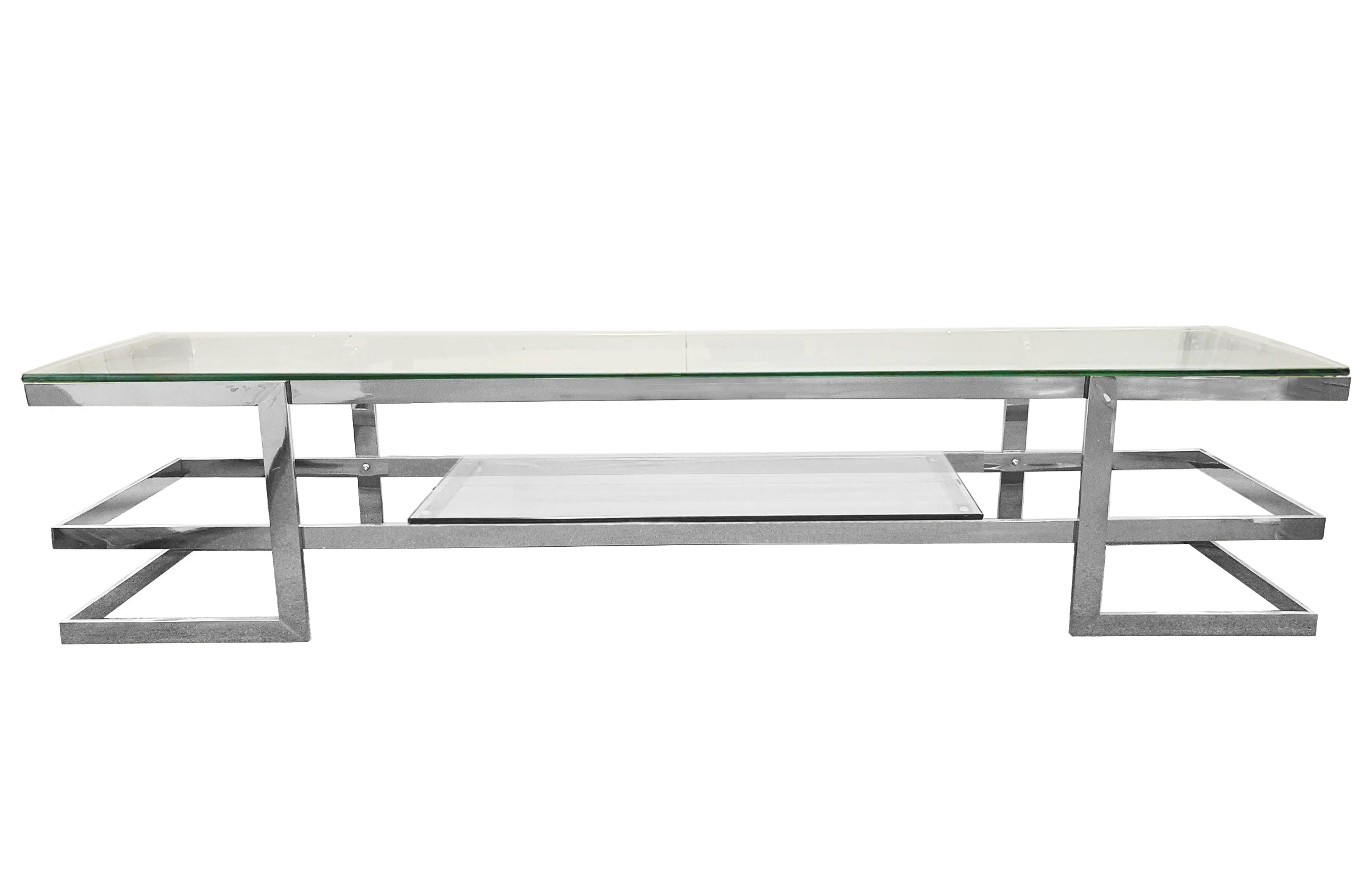 Alexa TV Unit with polished silver frame and clear tempered glass top, modern design.