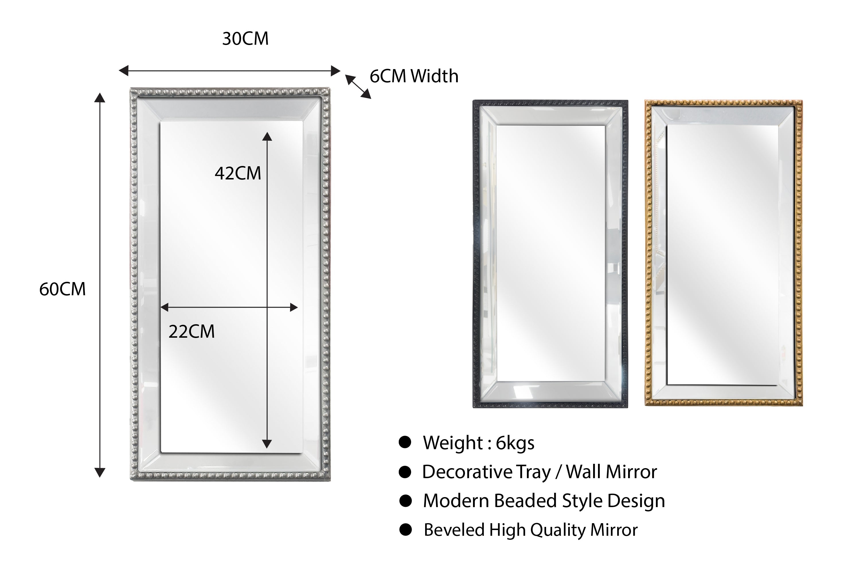 Medium beaded mirror tray in black, gold, silver – 60cm elegant décor.