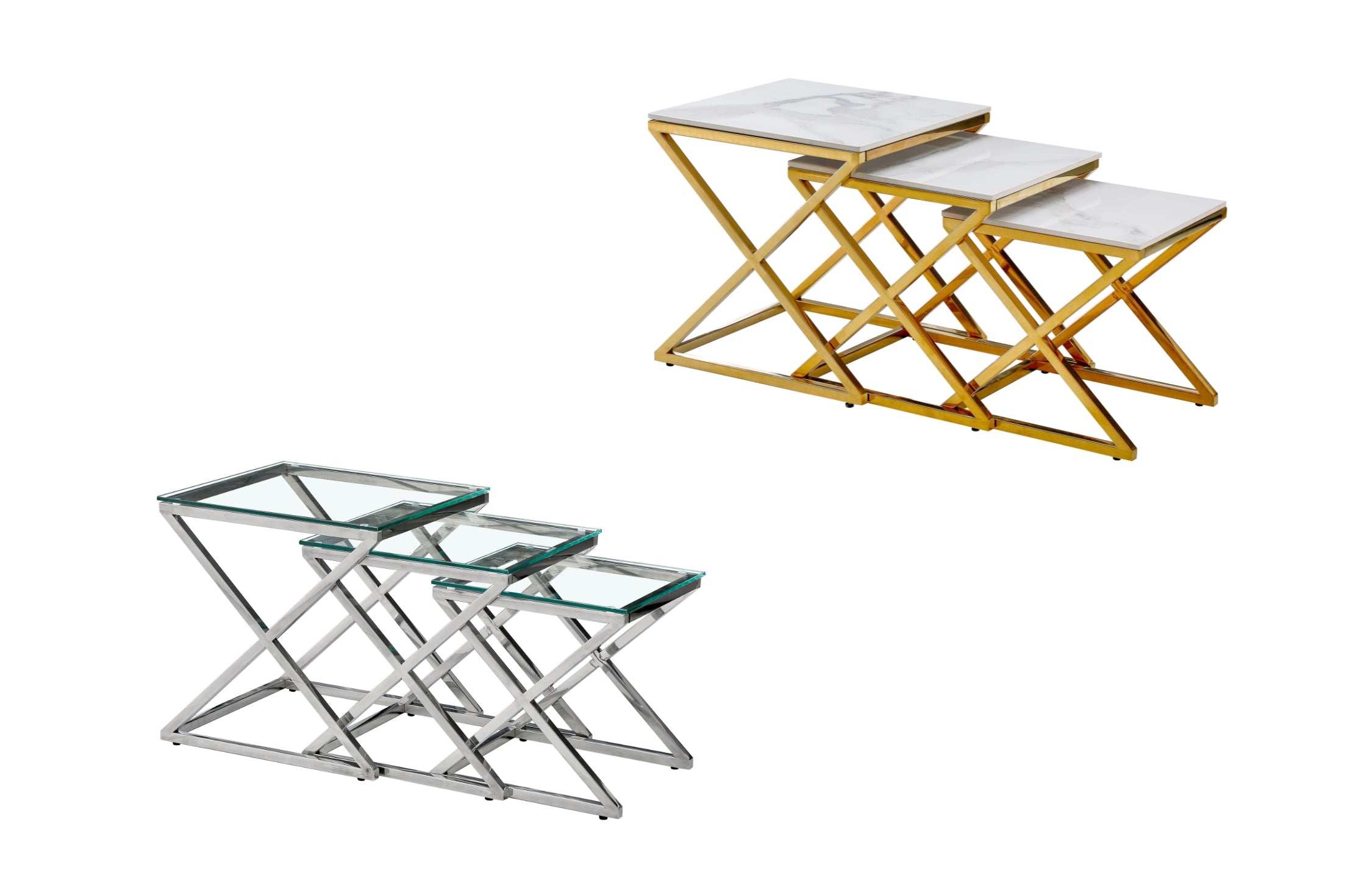 Bella set of three side tables in gold and silver frames with marble and glass tops.