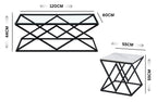 Beverly coffee and side table dimension guide showing size details with glass and marble tops.