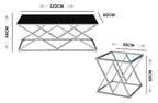 Beverly coffee and side table dimension guide showing size details with glass and marble tops.
