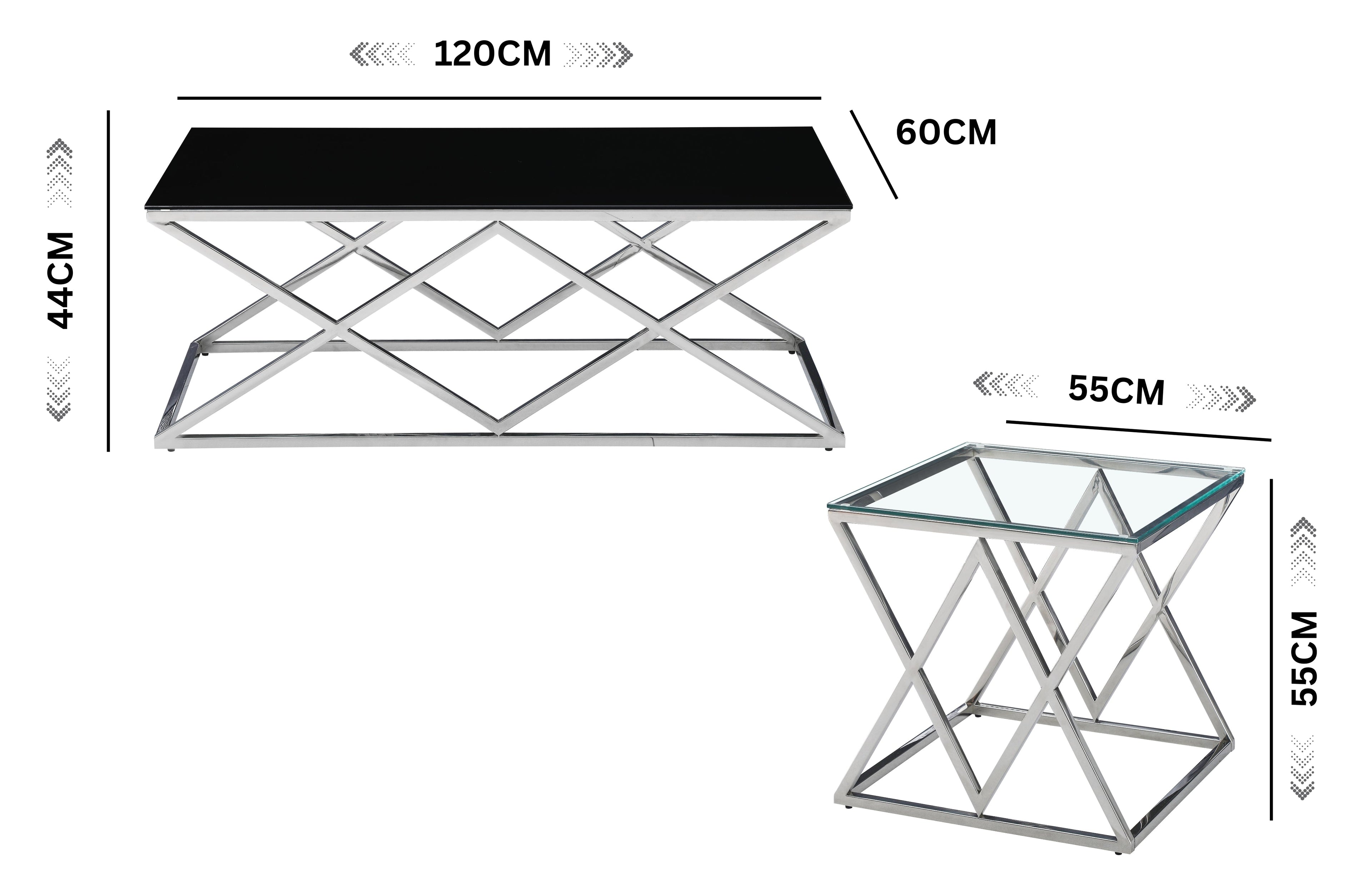 Beverly coffee and side table dimension guide showing size details with glass and marble tops.