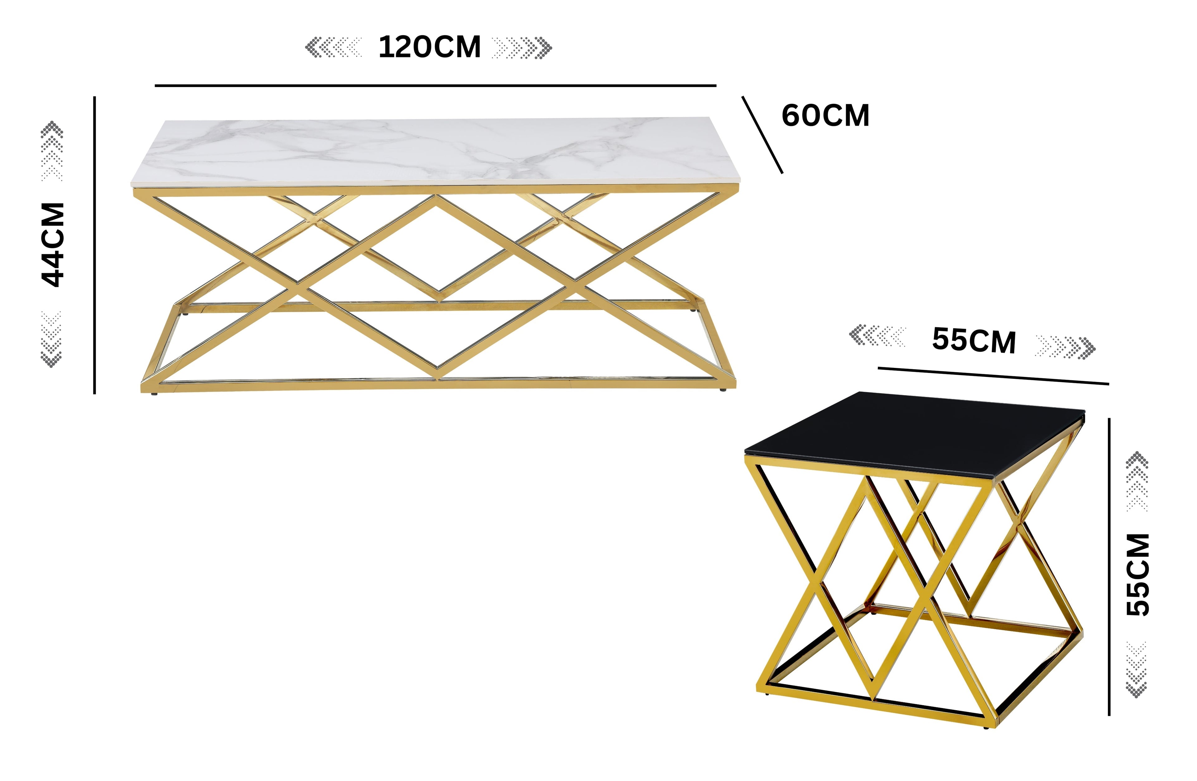 Beverly coffee and side table dimension guide showing size details with glass and marble tops.