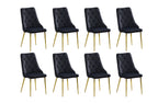 Set of 8 black velvet button tufted dining chairs with black legs displayed together.