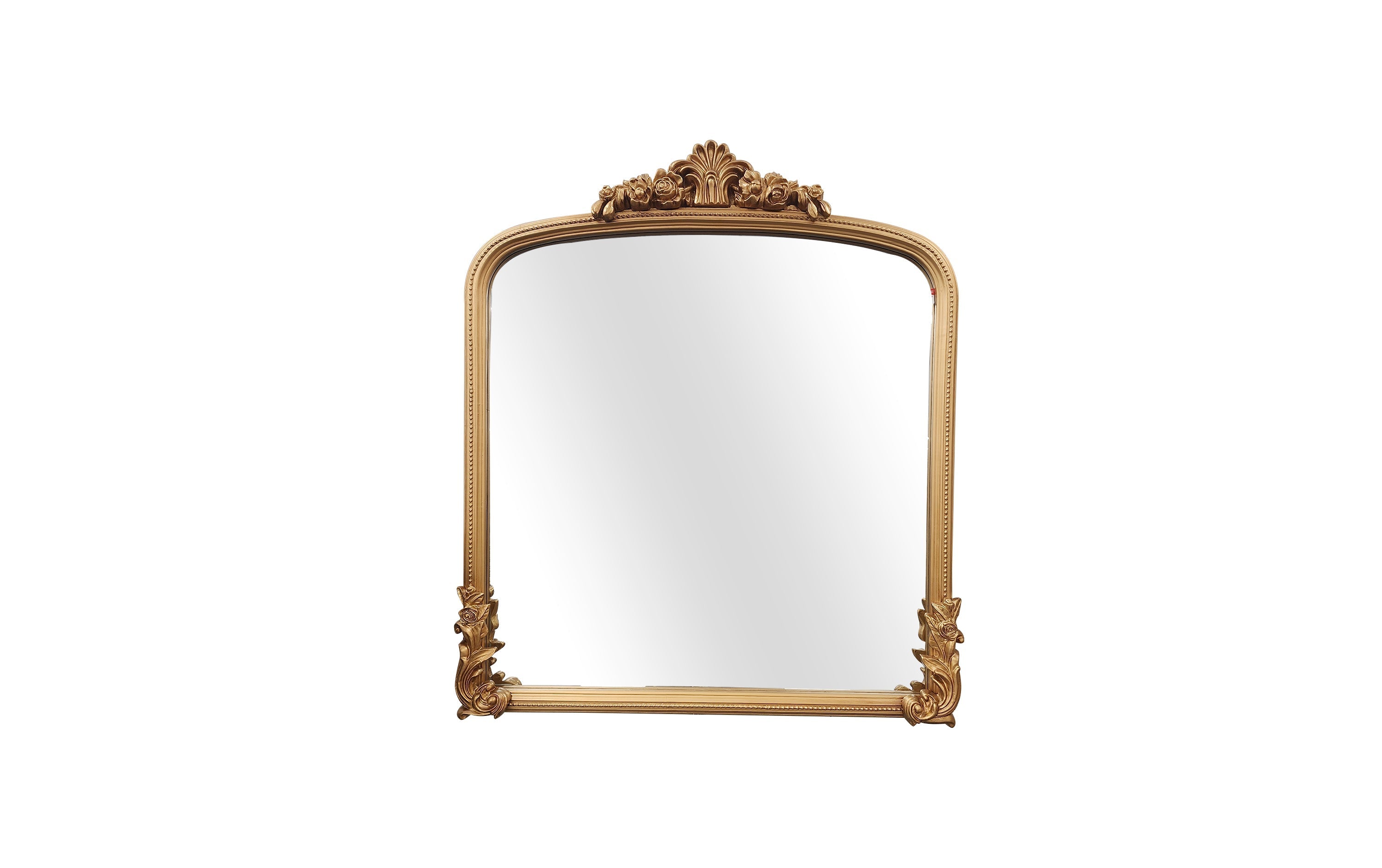 Catherine Gold Lux small ornate mirror with antique gold finish and intricate carved detailing.