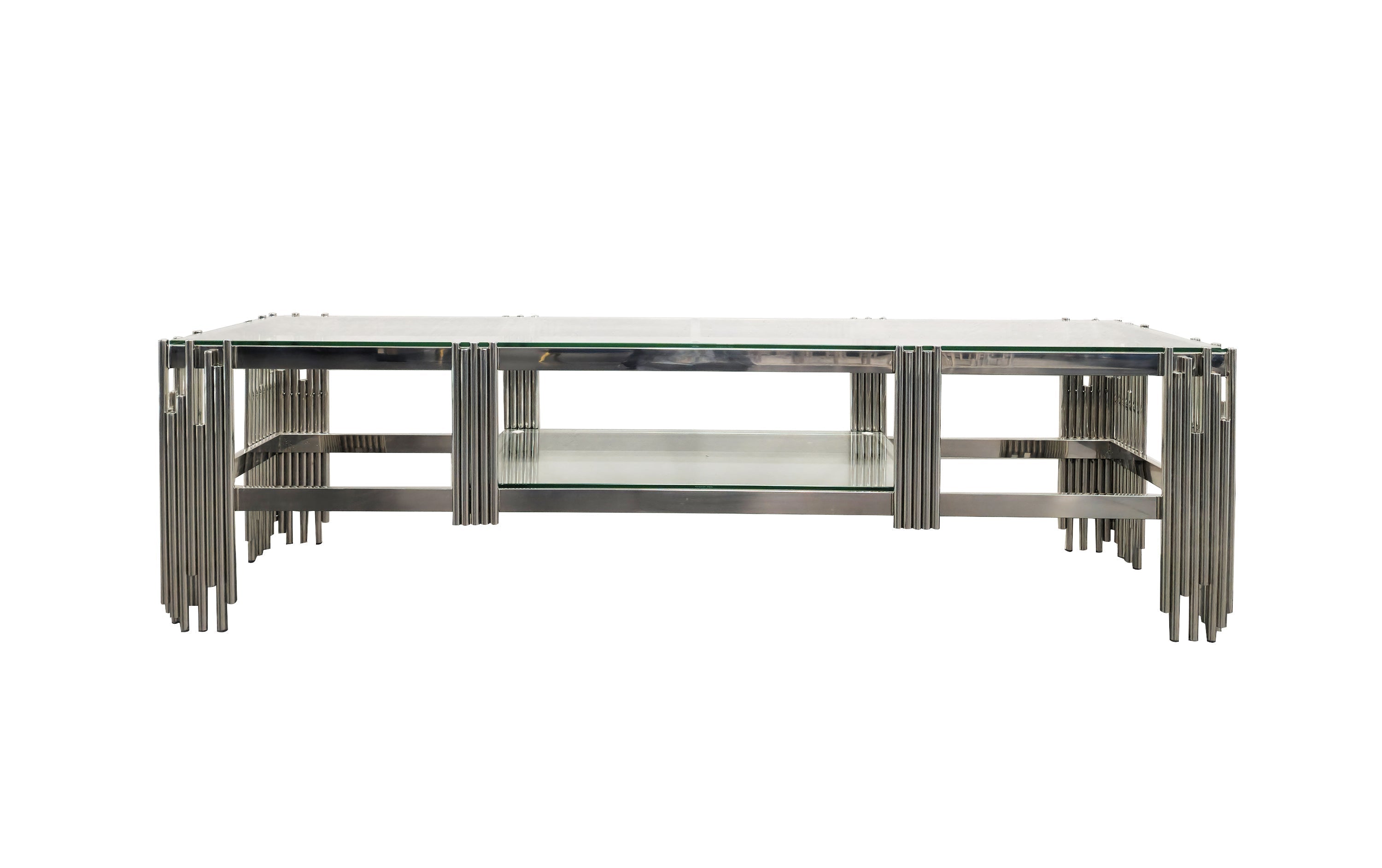Chelsea TV Unit in polished silver frame with sleek white marble top and bottom shelf.