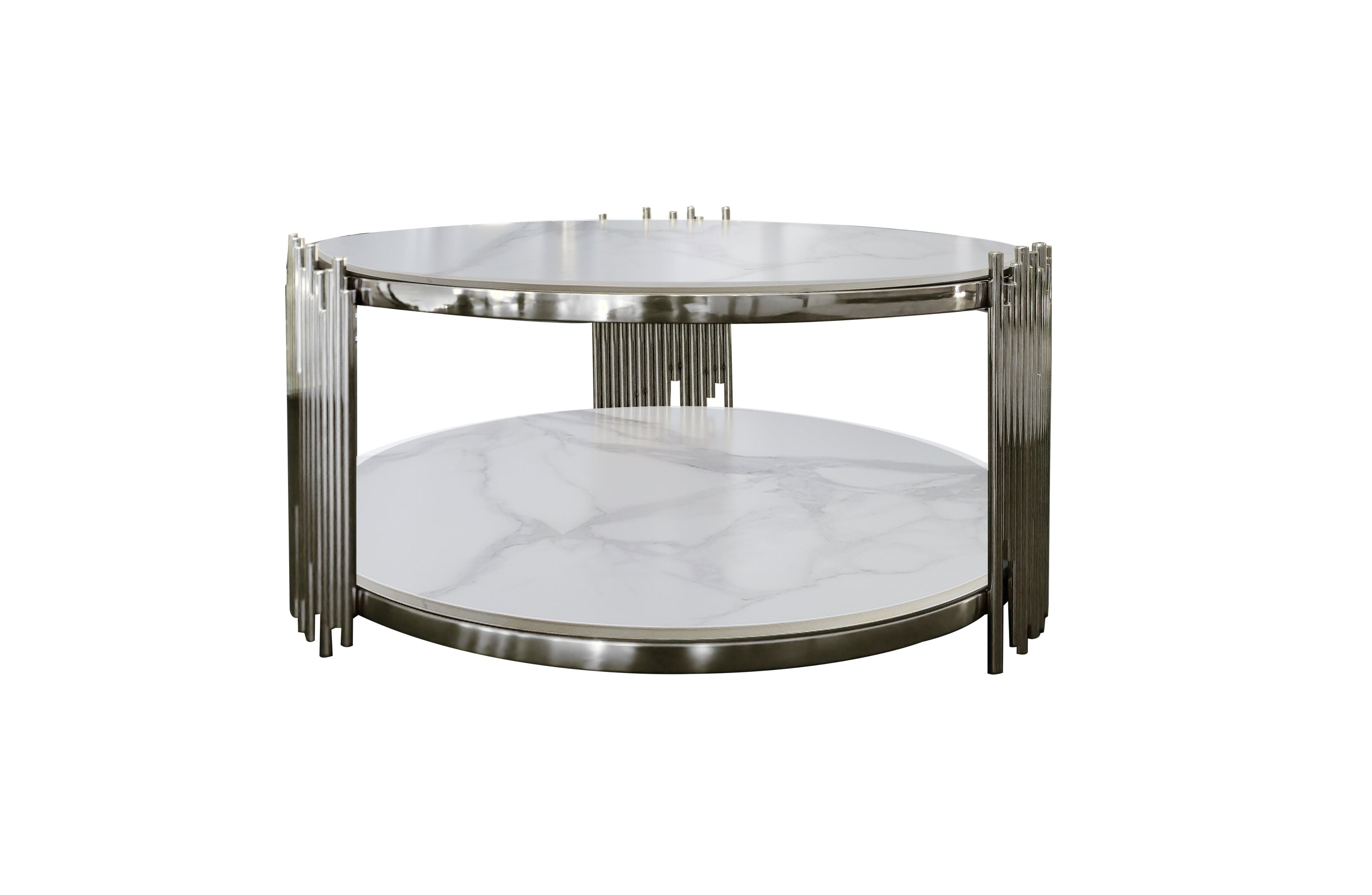 Chelsea round white marble coffee table with polished silver frame
