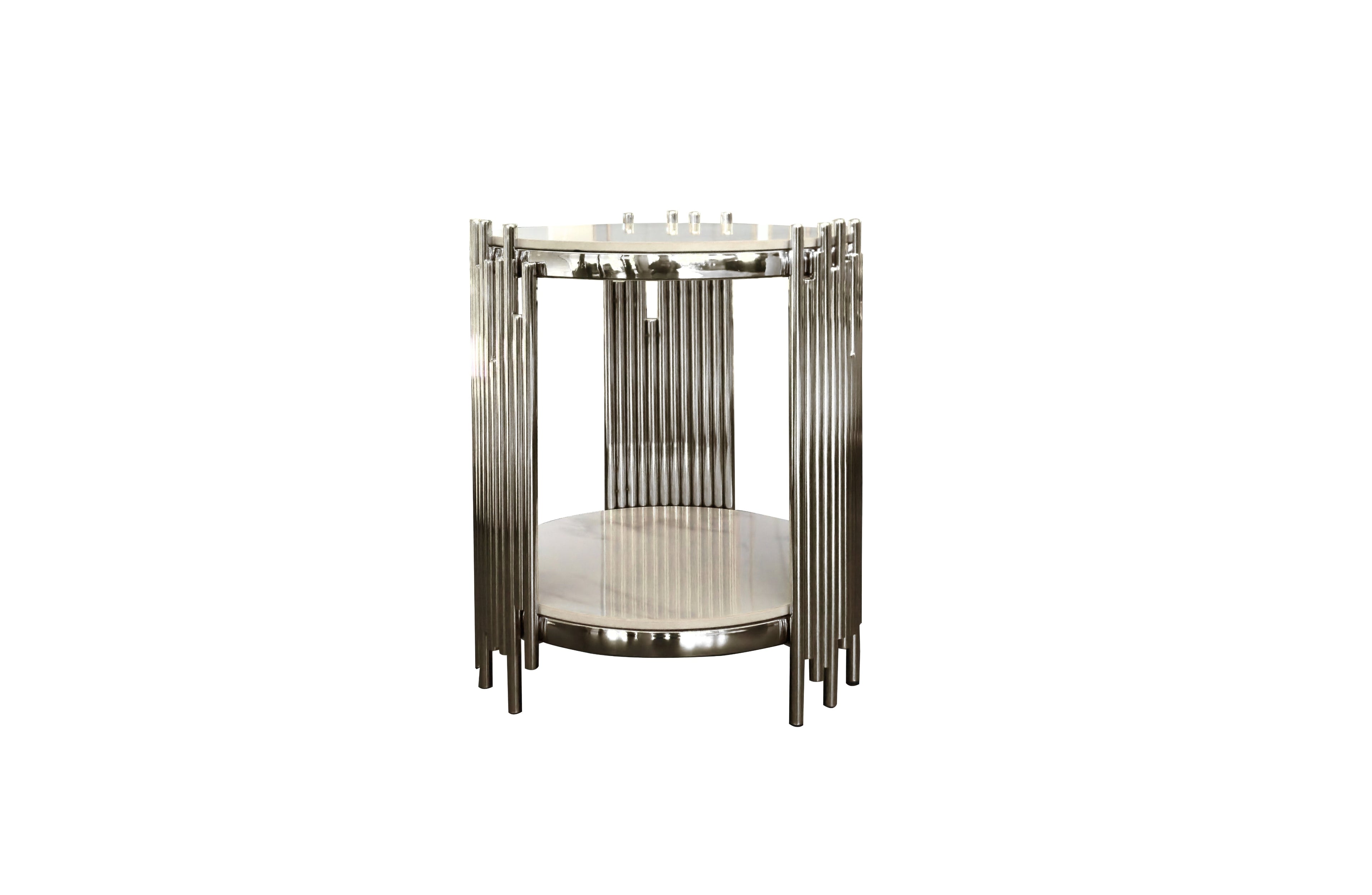 Chelsea round white marble side table with polished silver frame