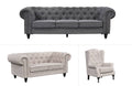 Chesterfield tufted lounge set available in beige and charcoal grey with three-seater, two-seater and armchair options