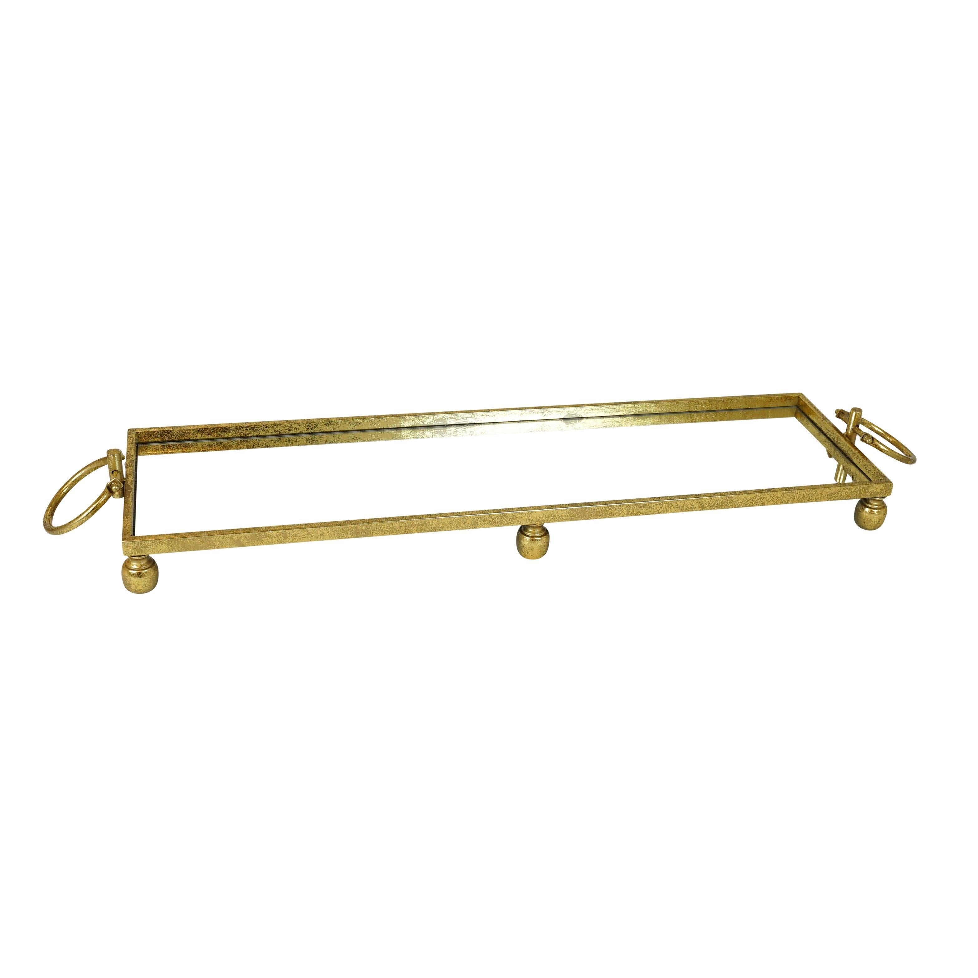 Elegant gold mirror tray with ring handles – bold, luxe accent piece.