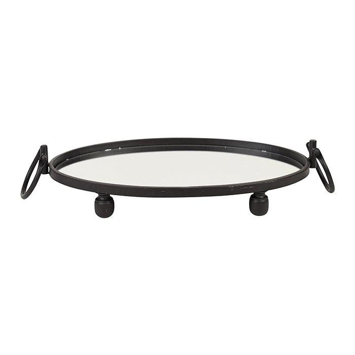 Modern oval black mirror tray with handles – sleek and sophisticated accent.
