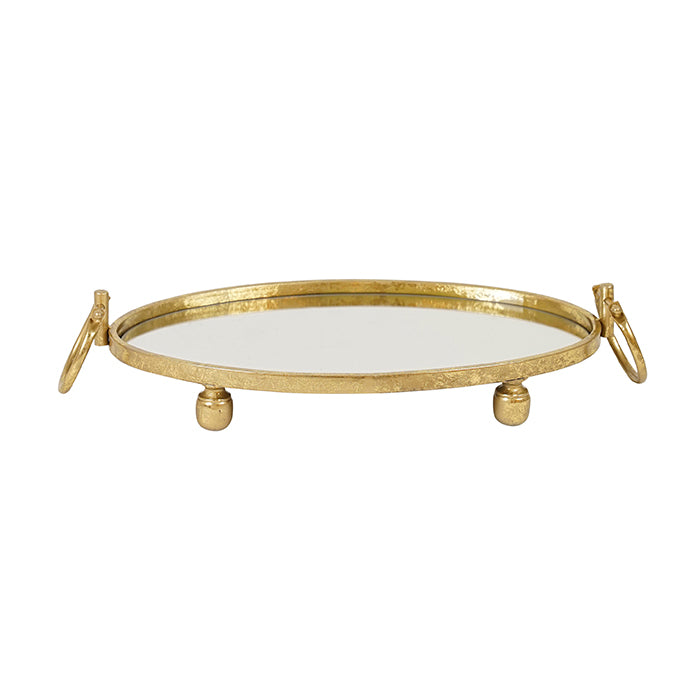 Chic oval gold mirror tray with handles – modern, elegant, and eye-catching.