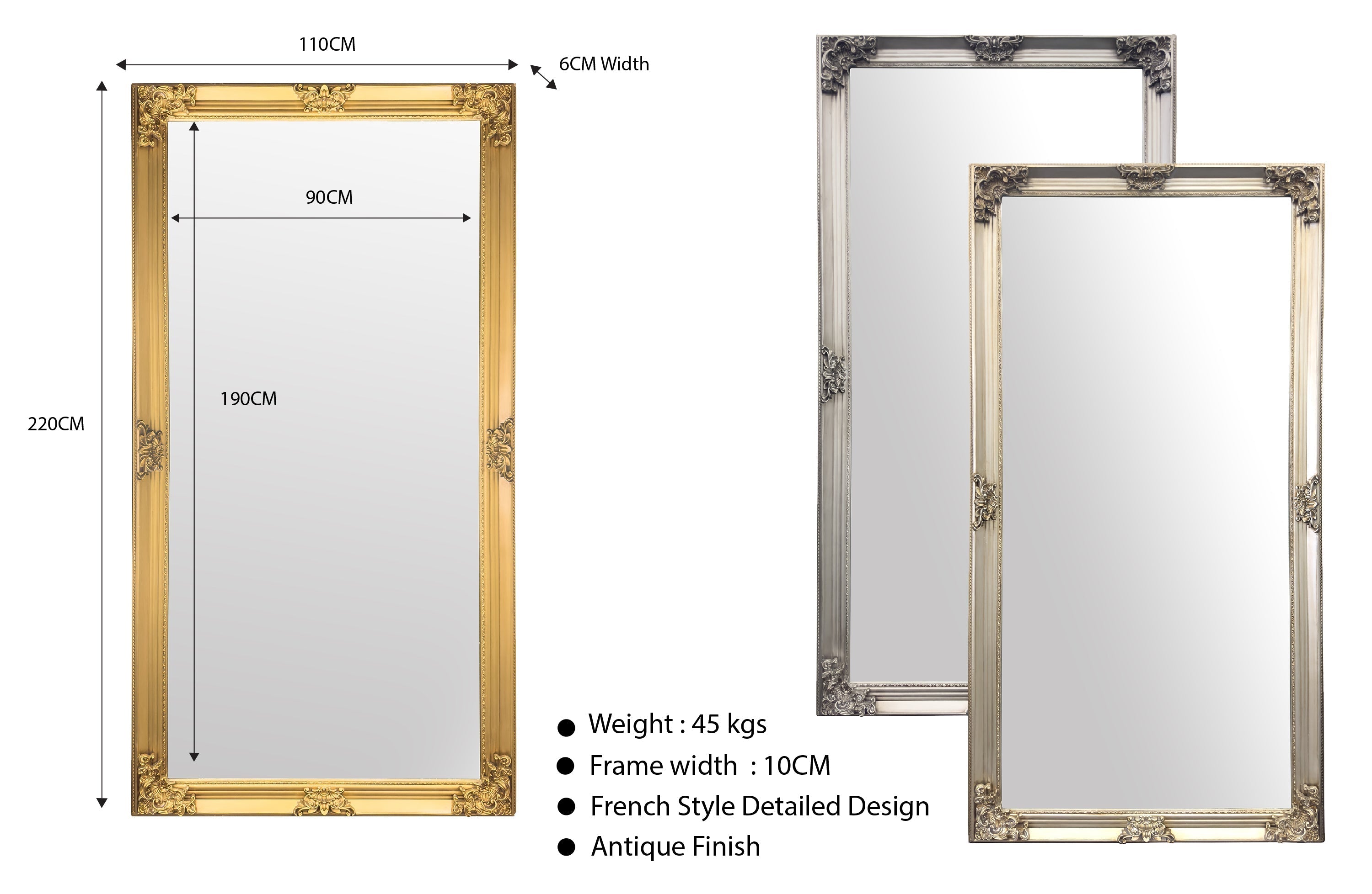 Extra large French provincial ornate mirror with dimensions, antique finish and French detailed frame.