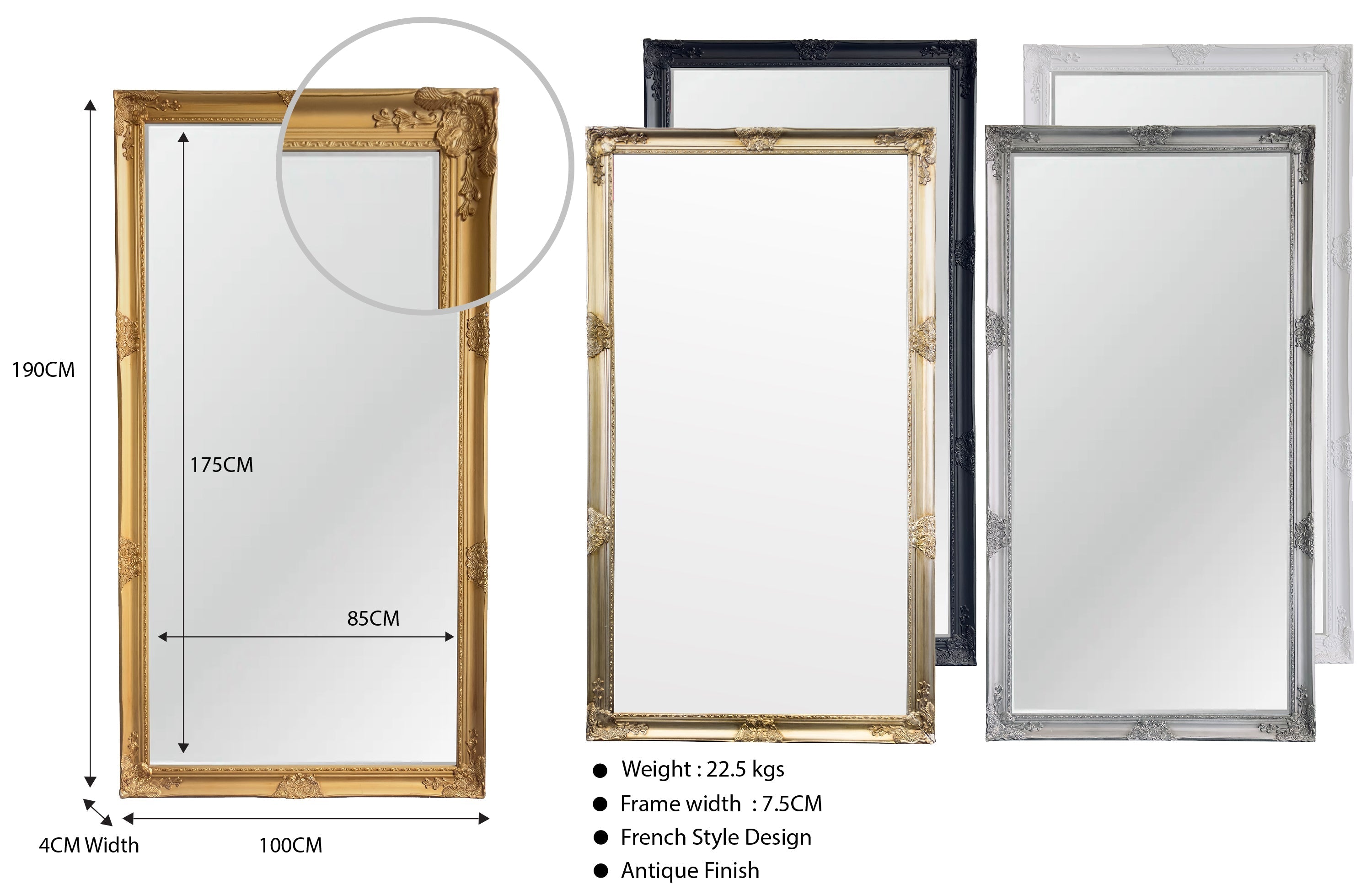 Extra large ornate French provincial mirror with antique finish, perfect for statement walls.