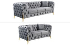 GRAND Dark Gray velvet tufted sofa set featuring 3-seater and 2-seater with elegant gold steel legs