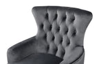 Detailed tufted backrest of GRAND dark grey velvet wing chair in luxury finish