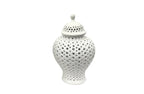 Small white Hampton Urn crafted in ceramic with delicate lattice detailing, perfect for minimalist décor accents.
