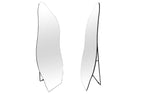 Irregular free standing mirror with sleek frameless design, unique shape and slim metal stand.