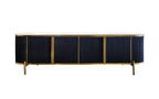 Kingsley TV Unit in black base with elegant white marble top and gold trim.