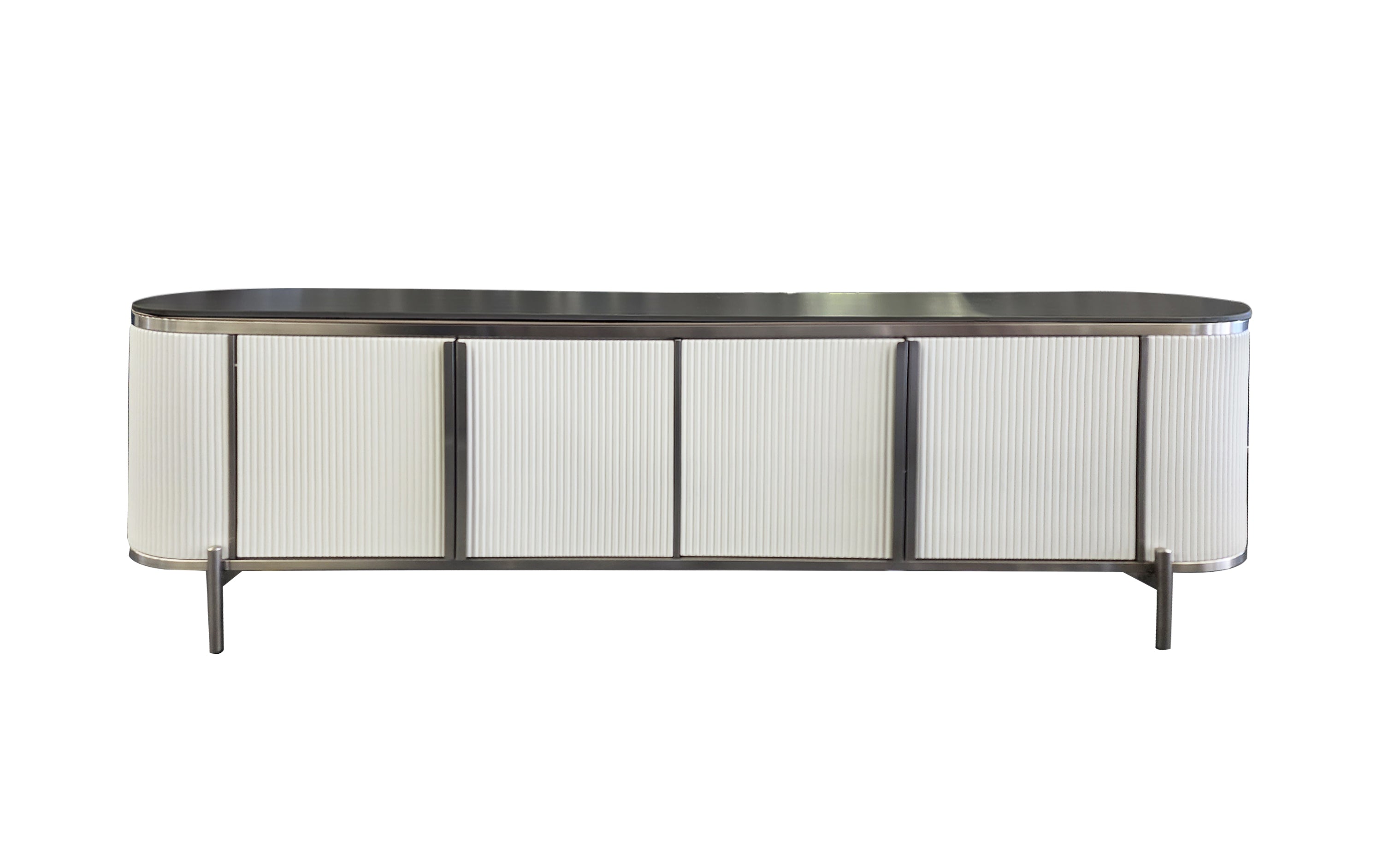 Kingsley TV Unit in white base with sleek black marble top and silver trim.