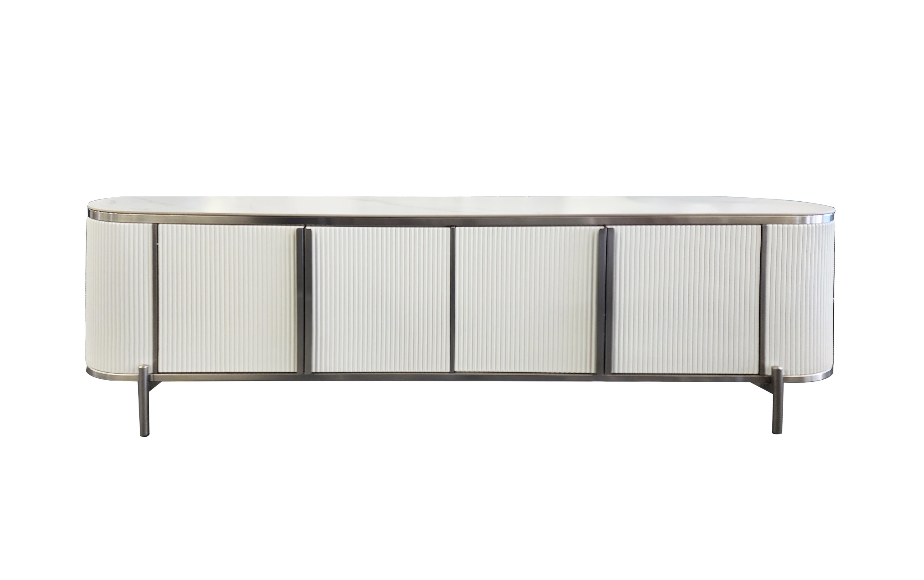 Elegant Kingsley TV Unit in white finish with white marble top and silver trim.