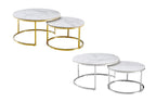 Layla nesting coffee table sets featuring gold and silver polished frames with marble tops.