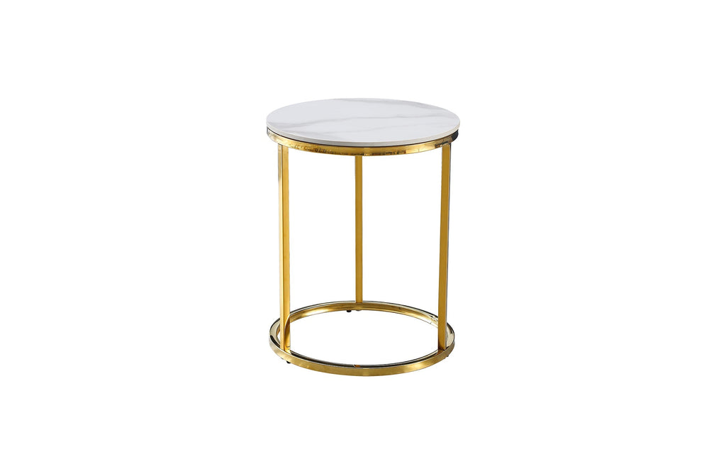 Elegant Layla side table featuring a polished gold steel frame with a round white marble top.