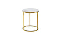 Elegant Layla side table featuring a polished gold steel frame with a round white marble top.