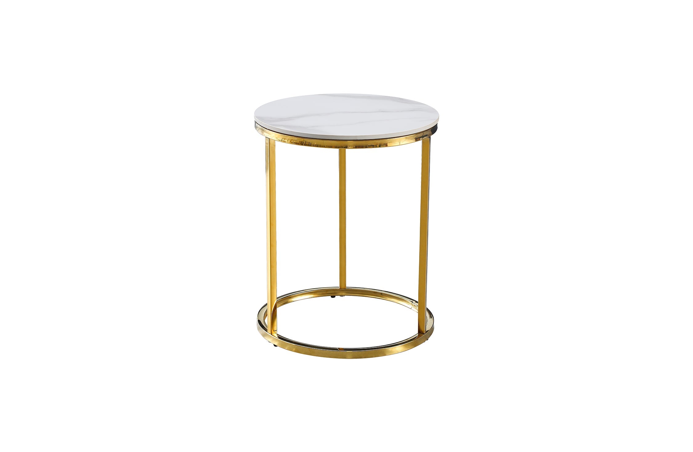 Elegant Layla side table featuring a polished gold steel frame with a round white marble top.