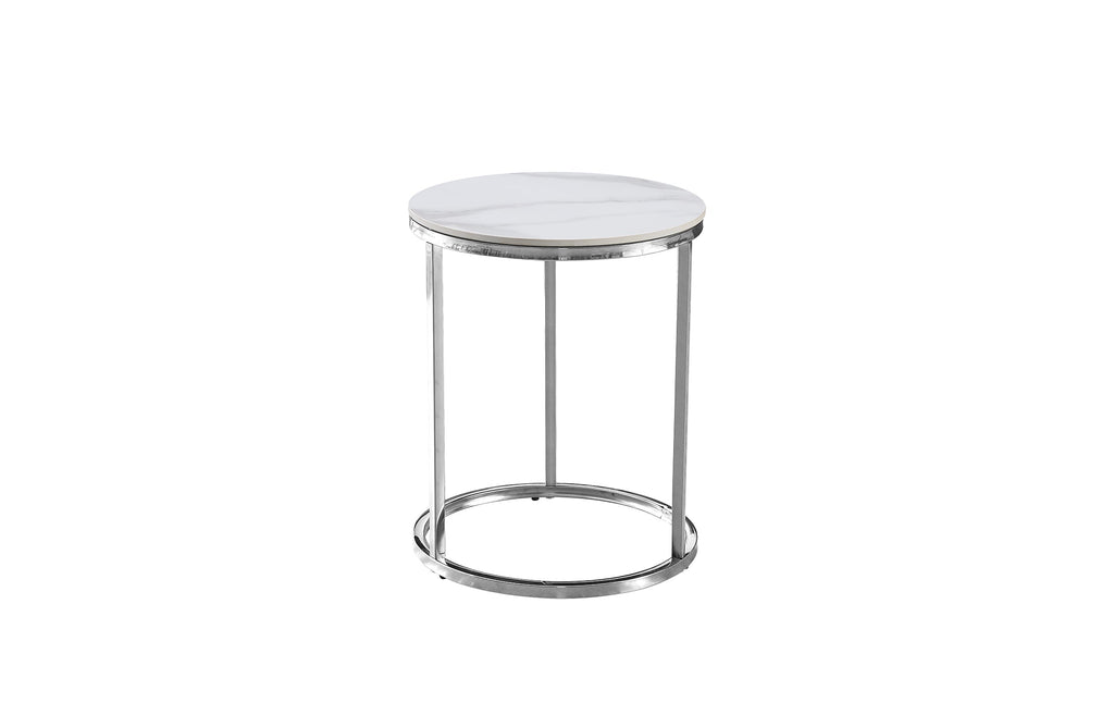 Modern Layla side table with a polished silver steel frame and round white marble top.