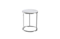 Modern Layla side table with a polished silver steel frame and round white marble top.