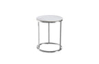 Modern Layla side table with a polished silver steel frame and round white marble top.
